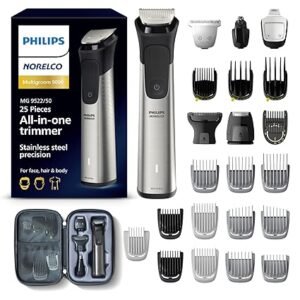Philips Norelco New Multi Groomer, Men's Grooming Kit, Trimmer with 27 Length Settings for Beard, Head, Face and Body with Travel Case, Stainless Steel Precision, No Blade Oil Needed, MG9522/50